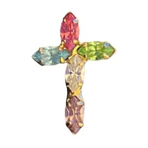 Vintage Gold Plated Swarovski Crystal Rhinestone Cross Crucifix Pin Brooch